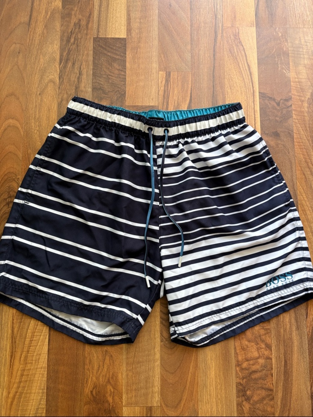 Hugo BOSS Navy Men’s and White Striped Swim Trunks with Teal Waist Lining Size L